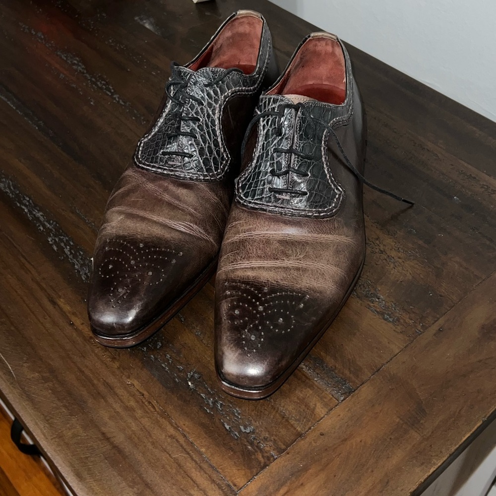 Magnanni Neiman Marcus Leather Crocodile Oxford Medallion Toe Shoes Size 10